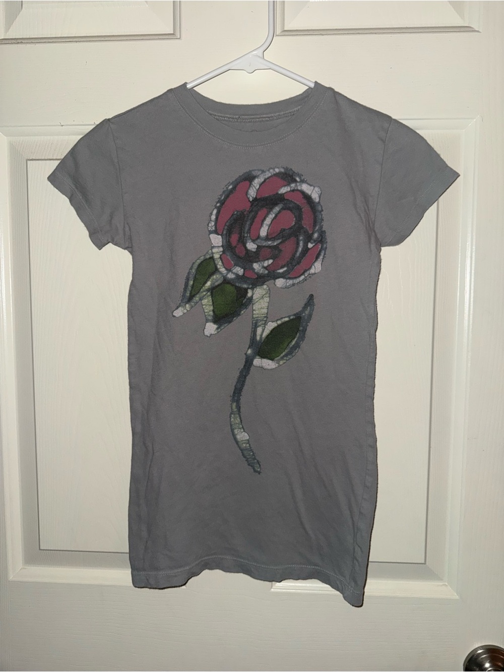 L.O.L. Vintage Gray Tee with Pink Rose Appliqué